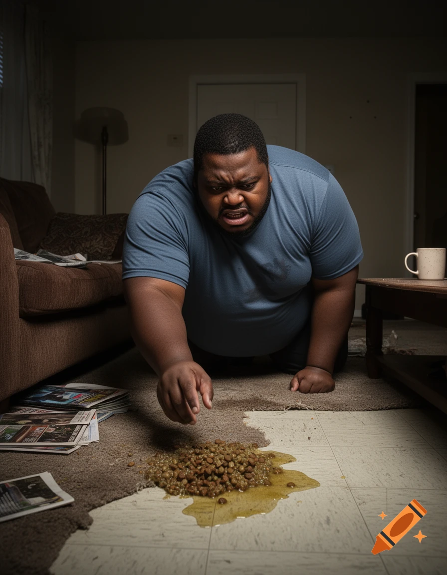 A man in a blue shirt kneels, looking disgusted at a pile of vomit and kibble on a rug and tile floor in a dimly lit room.