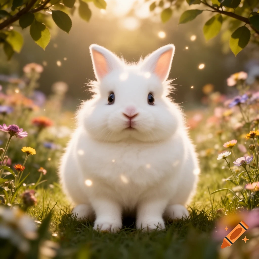 A fluffy white rabbit sits in a sunlit field of colorful wildflowers ...