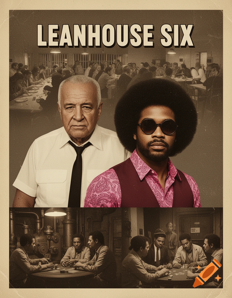 A 1970s-style movie poster featuring an older white man and a Black man with an afro, above scenes of a prison chow hall and men playing poker. Title: LEANHOUSE SIX.