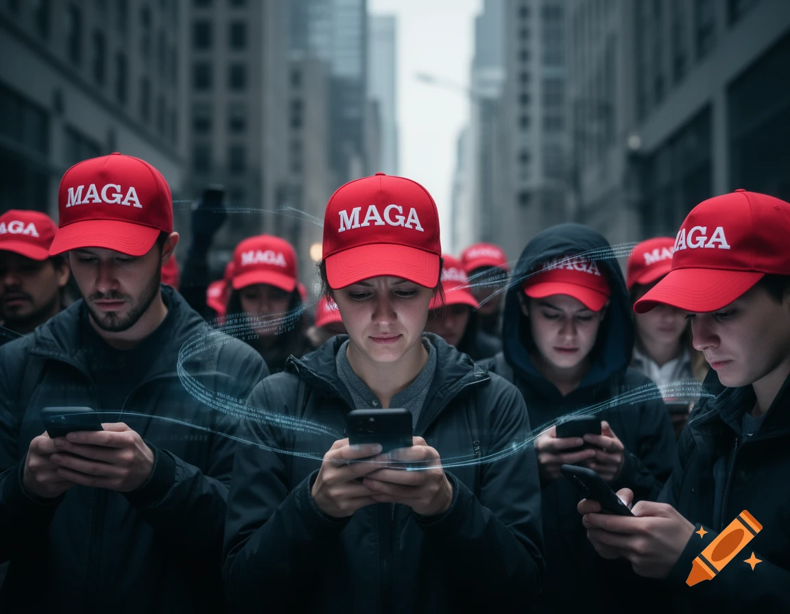 Crowd in red MAGA hats focused on smartphones in a city street, with glowing data streams. Photorealistic.