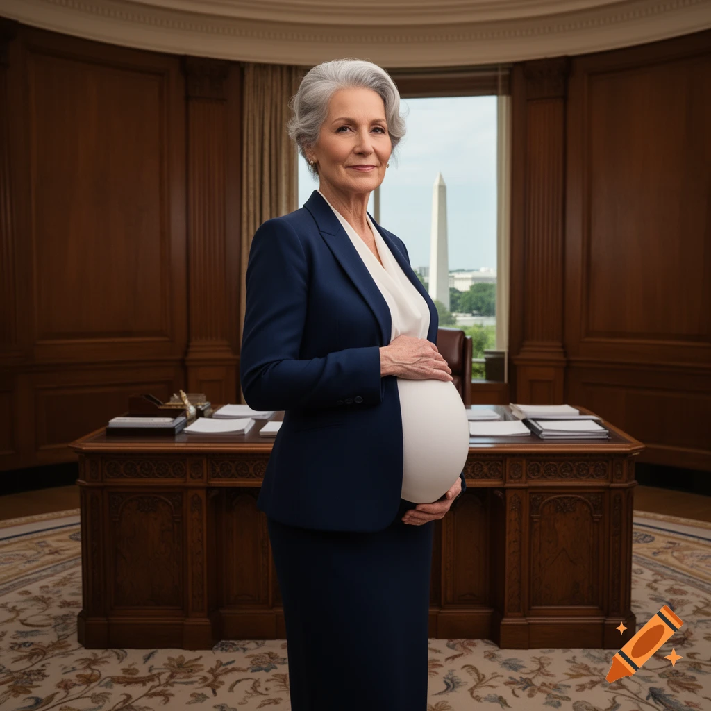 A photorealistic image of a heavily pregnant senior woman in a navy suit standing in a formal office with the Washington Monument outside.