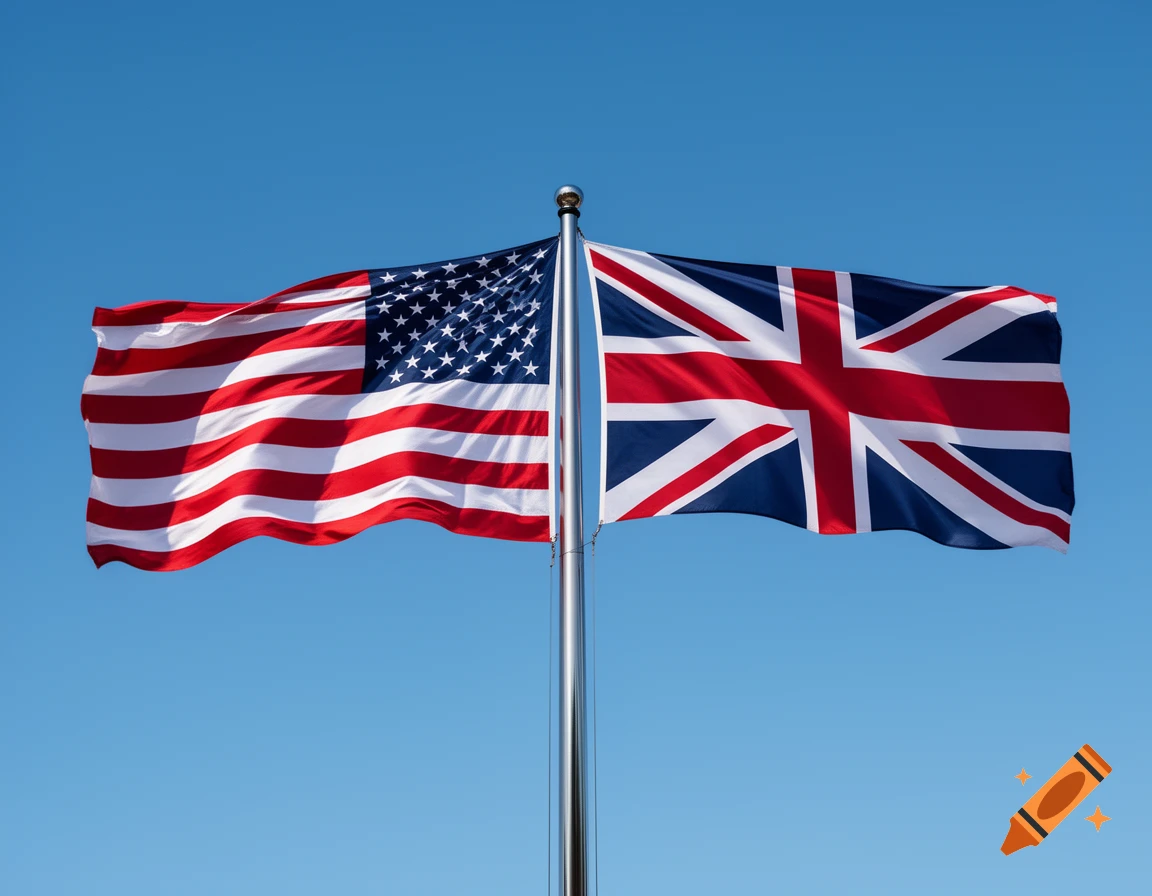 The American flag and British Union Jack fly together on a flagpole against a clear blue sky.