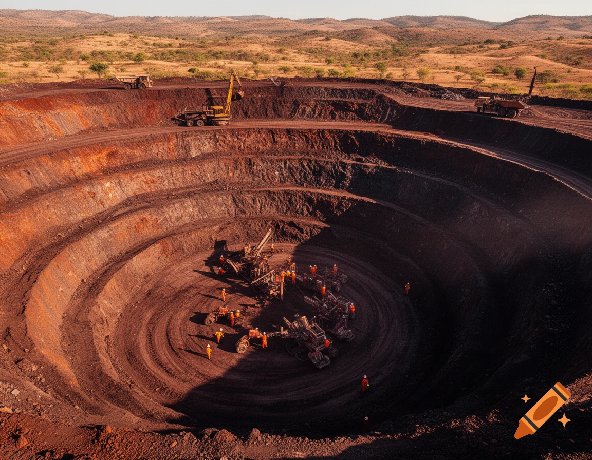 Aerial view of an open-pit iron mine with multiple levels, heavy machinery, and small figures of miners working below.