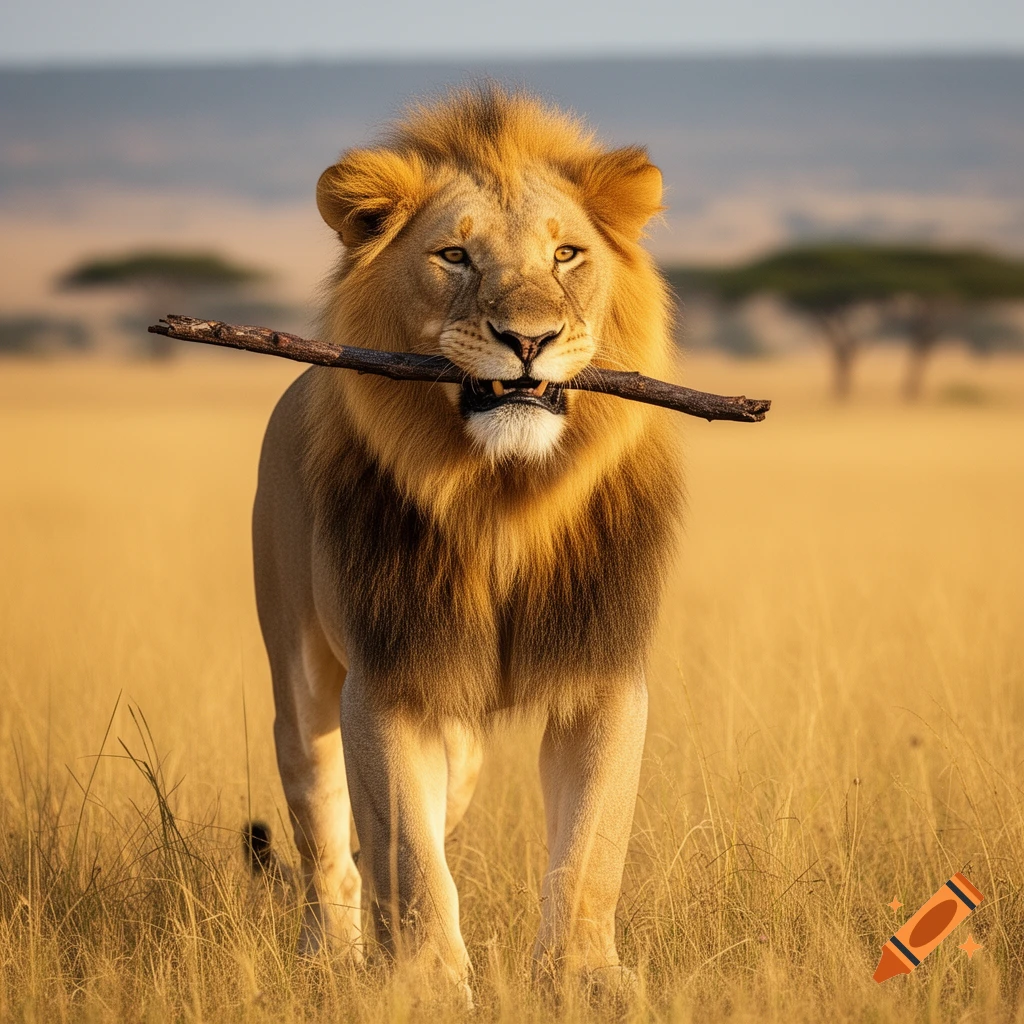 A majestic male lion with a full mane walks through golden savanna grass at sunset, holding a stick in its mouth.