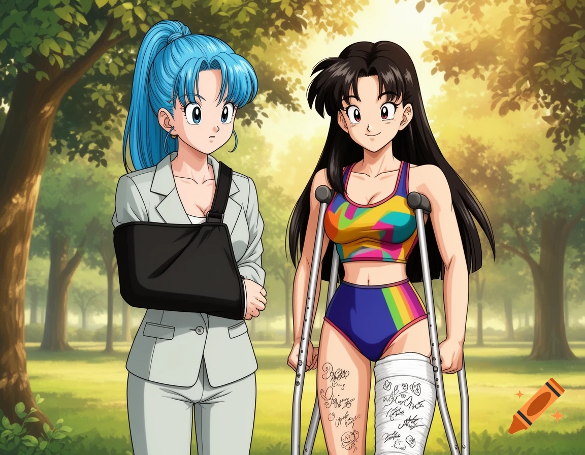 Two anime women outdoors: one with blue hair in a suit and arm sling; another with black hair in a sports bra, on crutches with a leg cast.