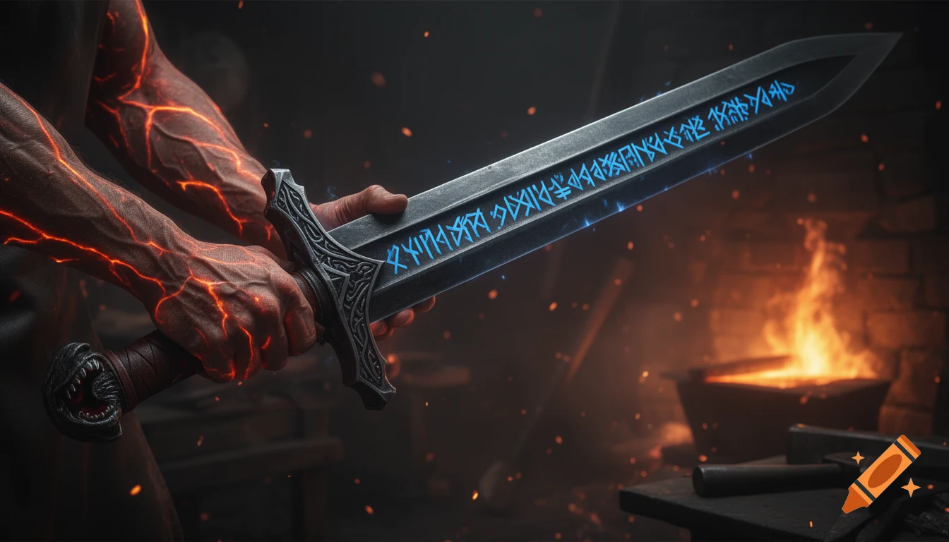 A blacksmith's hands with glowing, lava-like veins hold a dark steel greatsword with glowing blue, illegible runes etched into its blade, in an atmospheric forge.