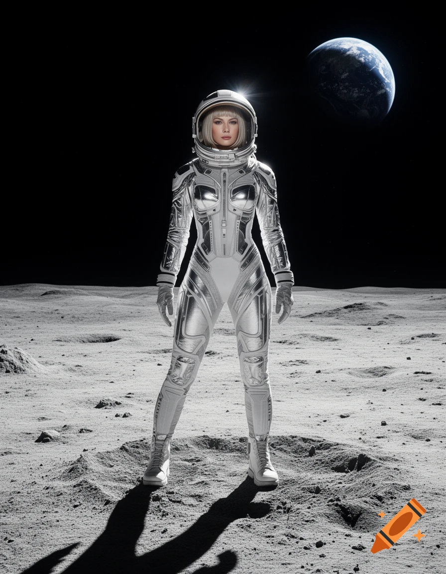 A woman in a futuristic silver and white astronaut suit stands on the moon's surface, with Earth visible in the dark sky.