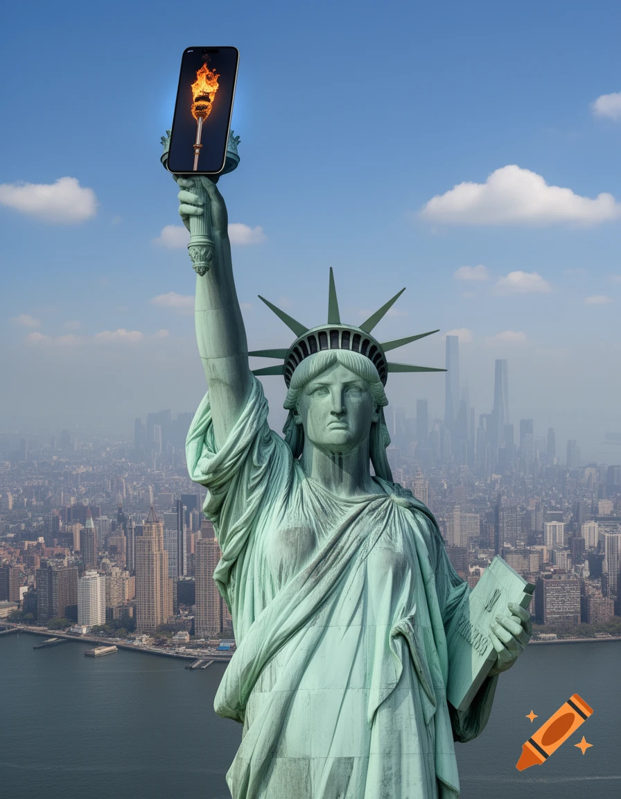 Statue of Liberty holds a smartphone with a burning torch on its screen, overlooking a city skyline.