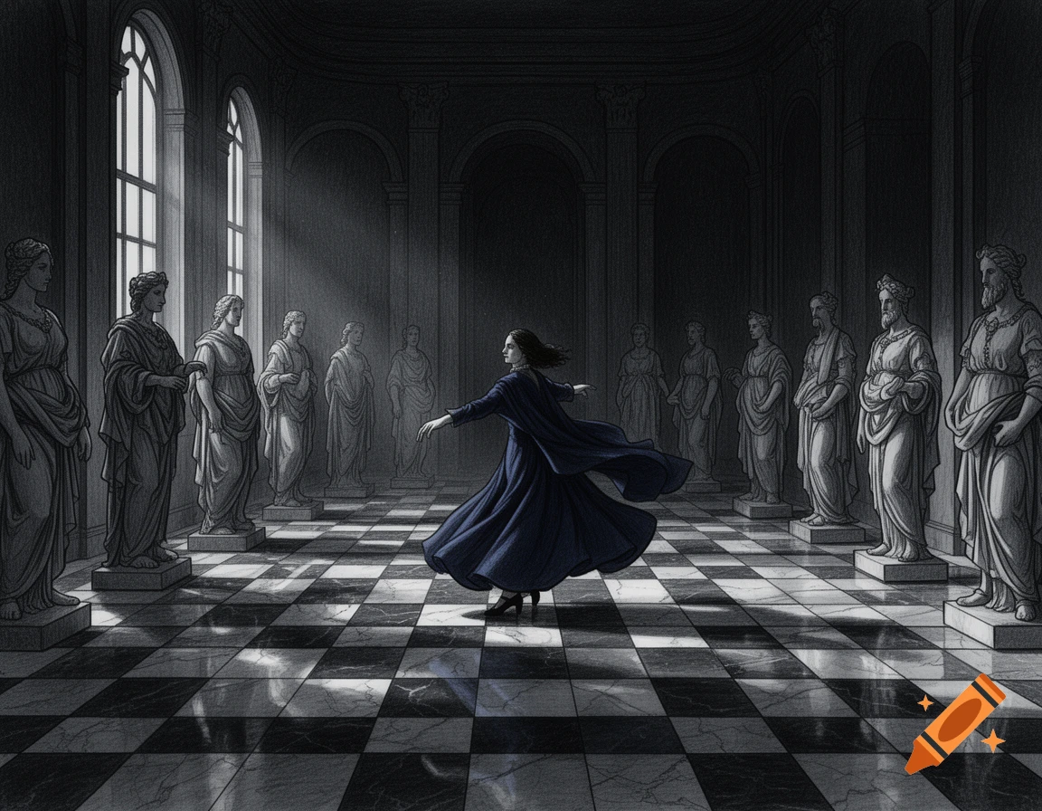 Drawing of a person in a blue gown dancing on a checkered floor in a dark, grand hall surrounded by classical statues, lit by window light.