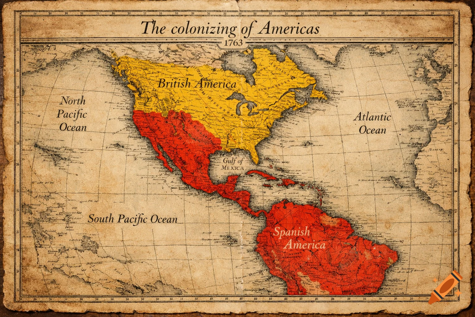 An antique-style map showing British America in yellow and Spanish America in red in 1763, titled "The colonizing of Americas".