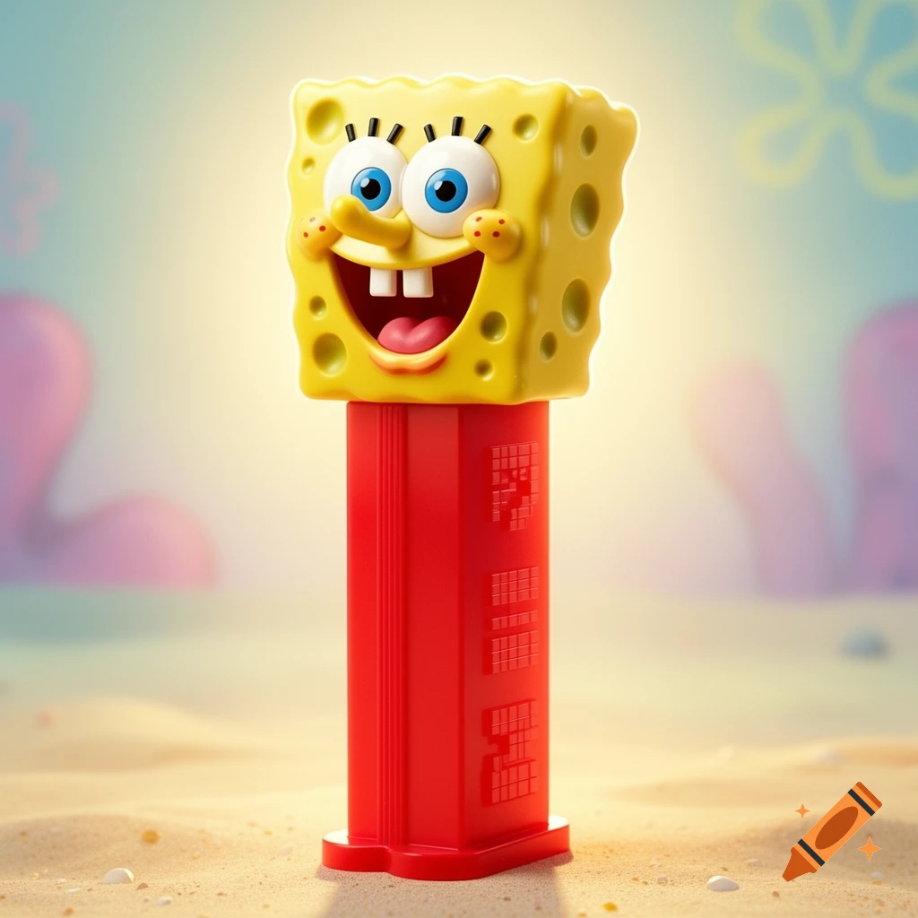 A Spongebob Squarepants Pez dispenser with a red stem sits on a sandy beach under a bright sky.