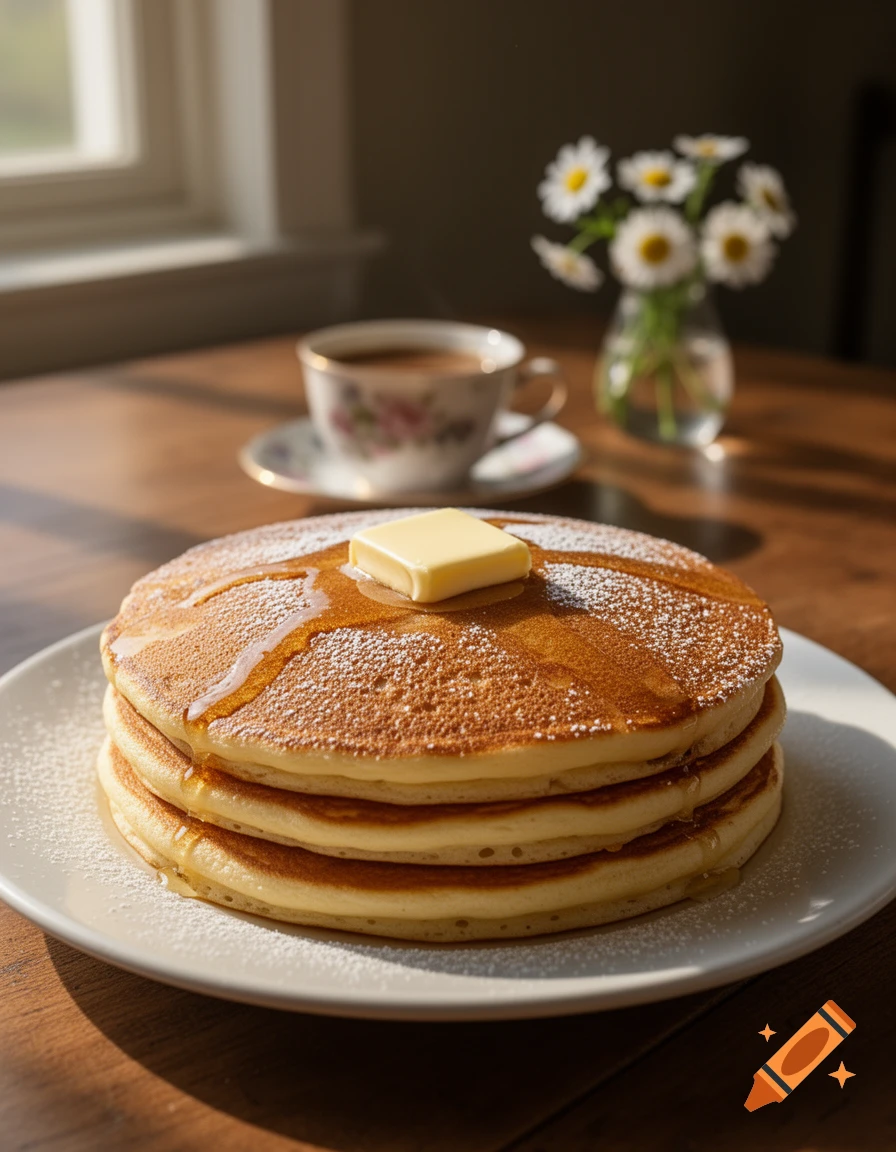 A stack of golden pancakes with melting butter and syrup, dusted with powdered sugar, next to a cup of coffee and a vase of daisies.
