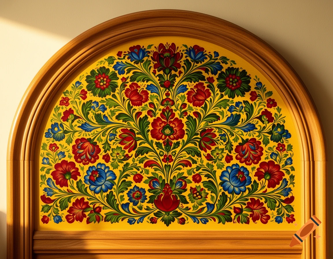 A rounded wooden headboard featuring vibrant Polish folk art floral patterns in red, blue, and green on a bright yellow background.