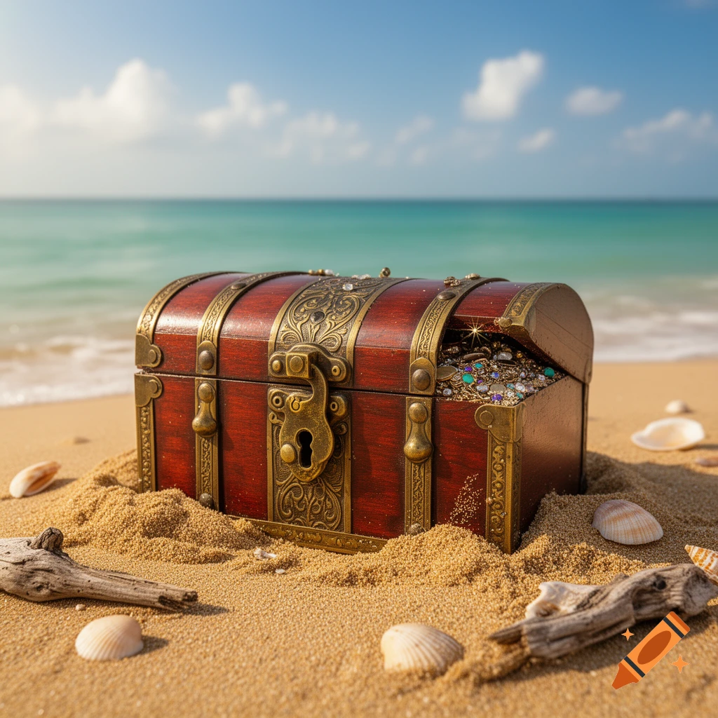 A partially open, ornate wooden treasure chest overflowing with sparkling jewels sits on a sandy beach with seashells and driftwood. Photorealistic.
