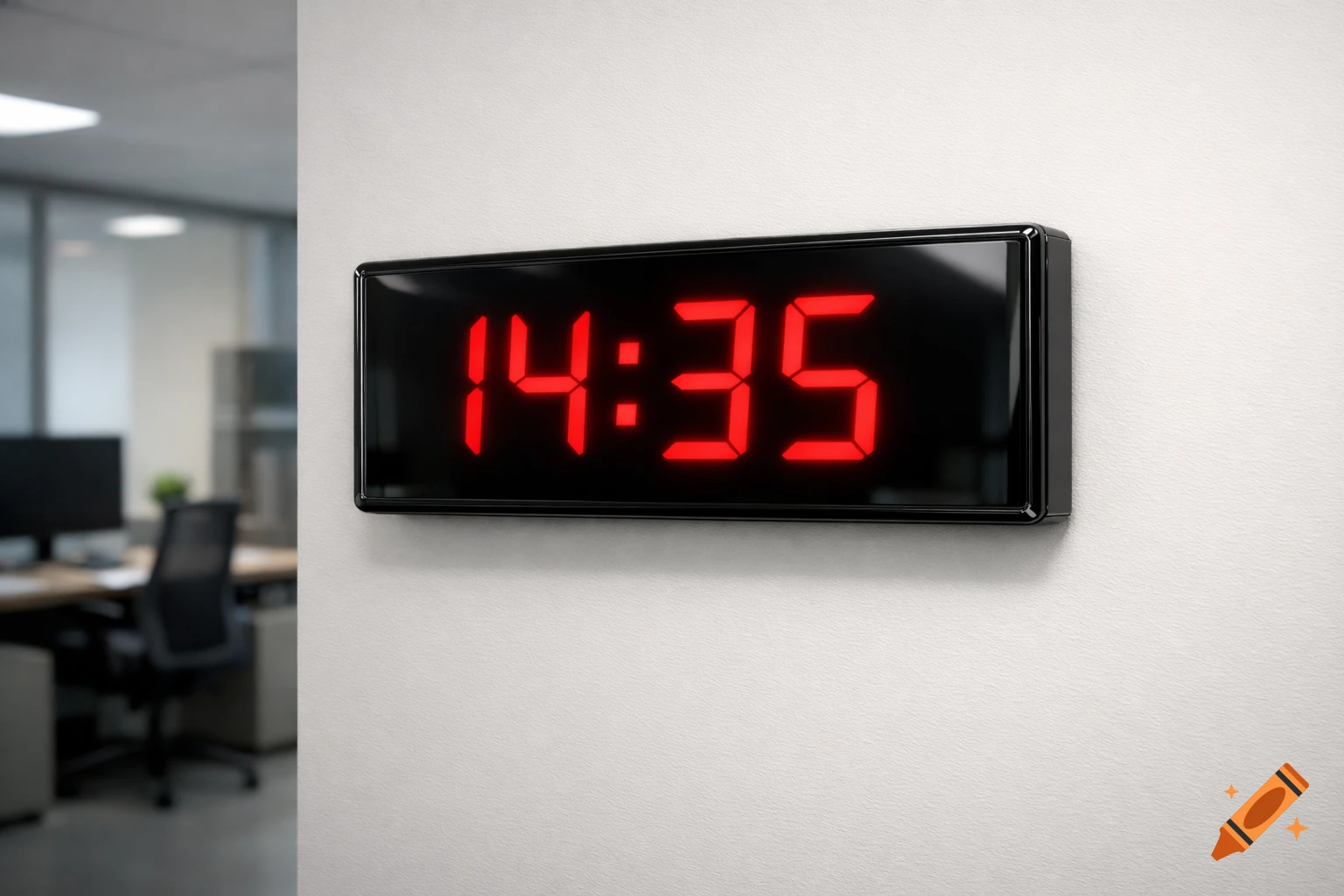 A red digital clock displaying 14:35 on a white wall in a modern office.