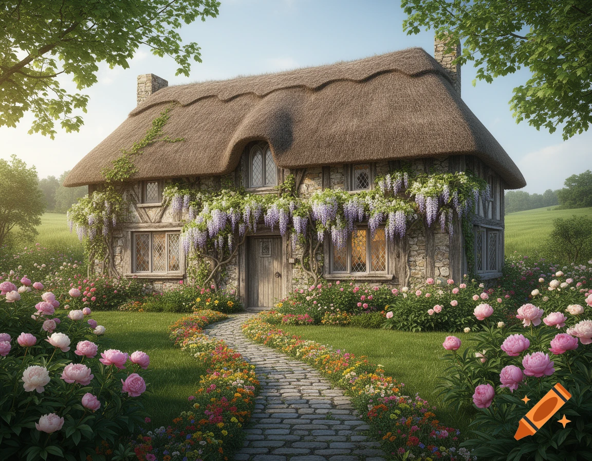 A charming stone cottage with a thatched roof and wisteria vines, surrounded by a vibrant flower garden and a cobblestone path.