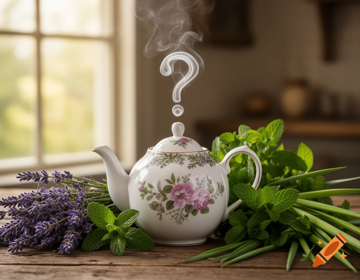 Photorealistic image of a white floral teapot surrounded by fresh lavender and mint on a wooden table, with steam forming a question mark.