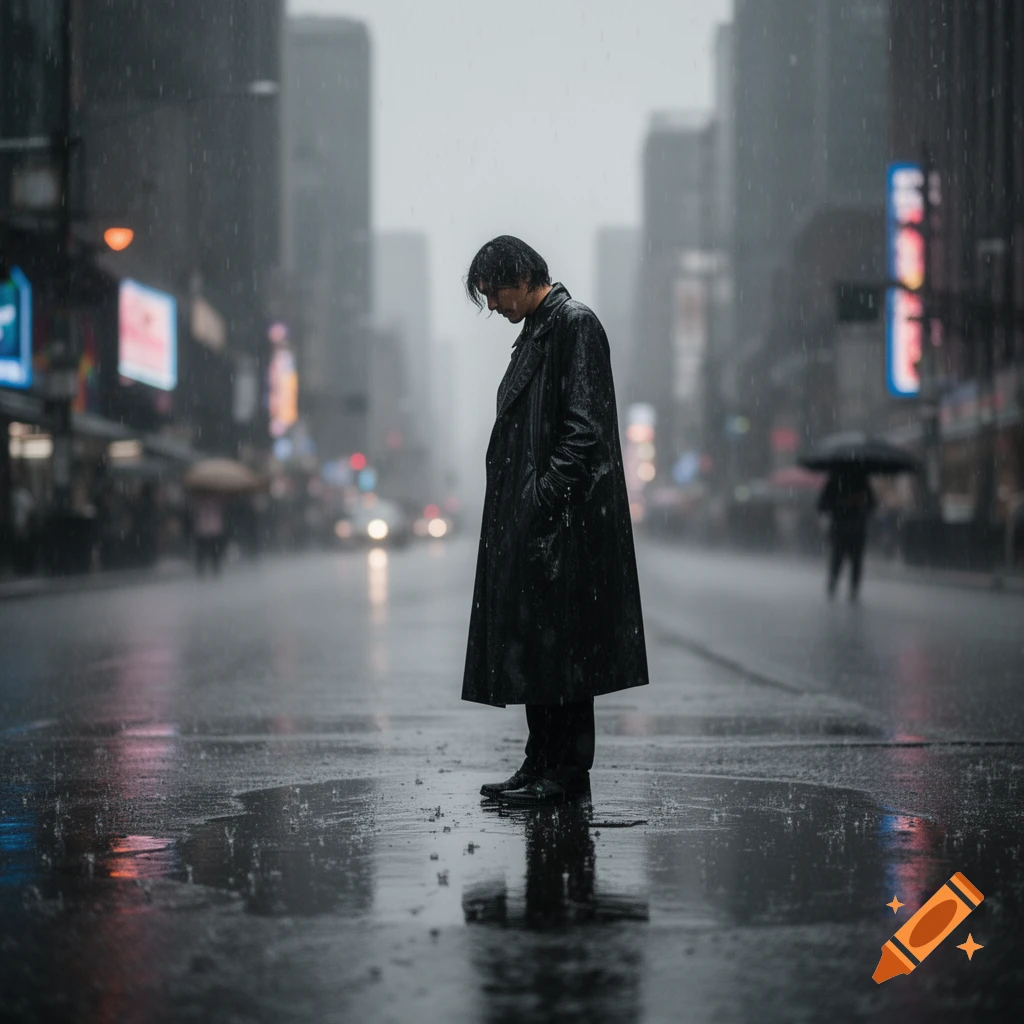 A person in a black coat stands with bowed head on a wet, reflective city street during a photorealistic rainstorm.