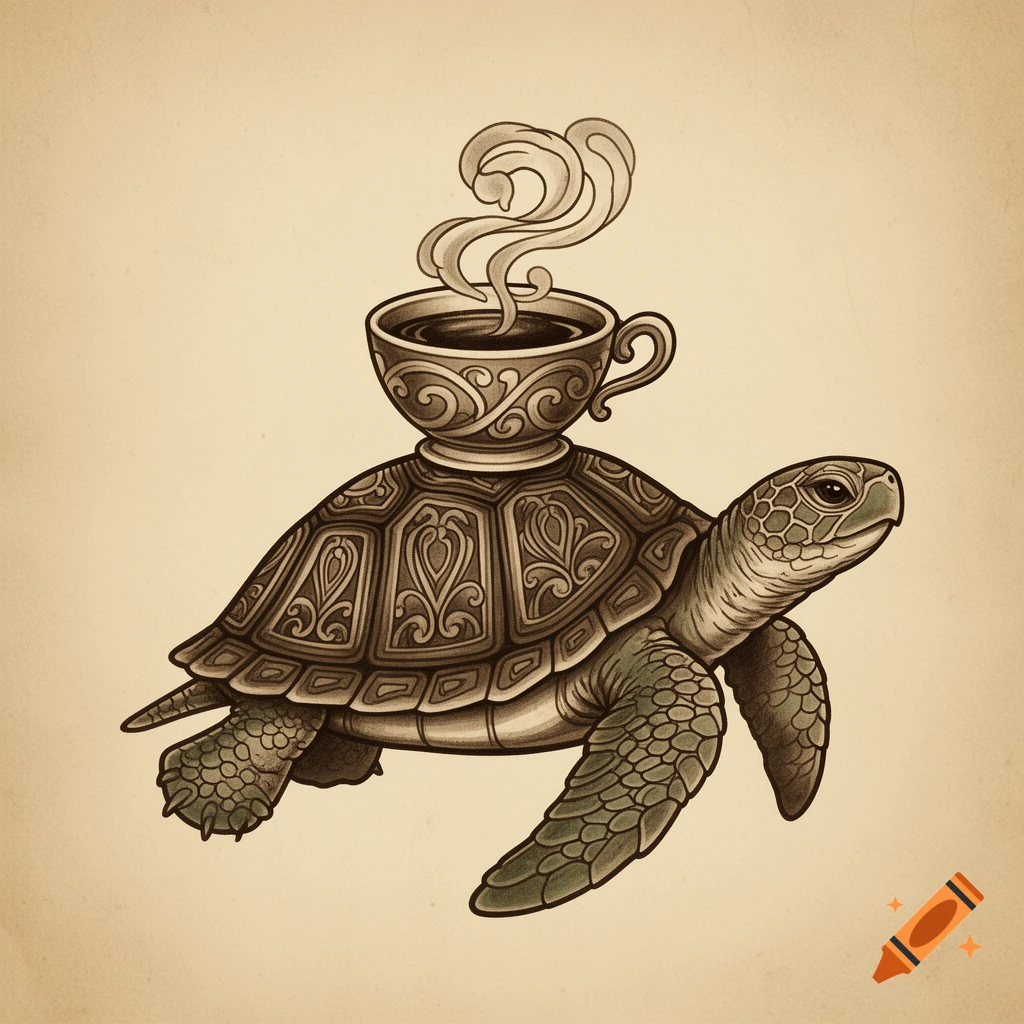 A retro-style tattoo illustration of a turtle carrying a steaming ornate teacup on its decorative shell.