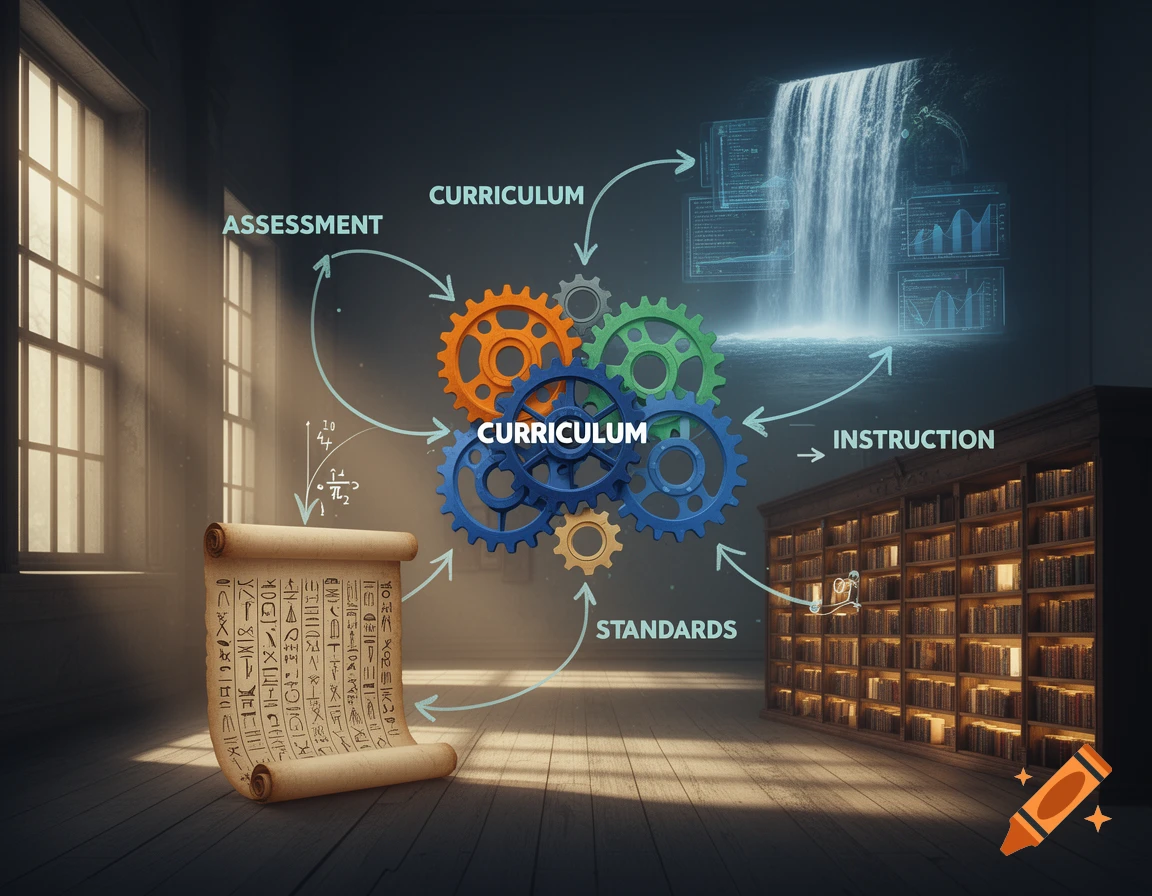 Conceptual diagram illustrating curriculum development, with gears labeled "curriculum," "assessment," "instruction," and "standards," connected by arrows. A scroll, a bookshelf, and a waterfall with data charts are also depicted in a dimly lit room.