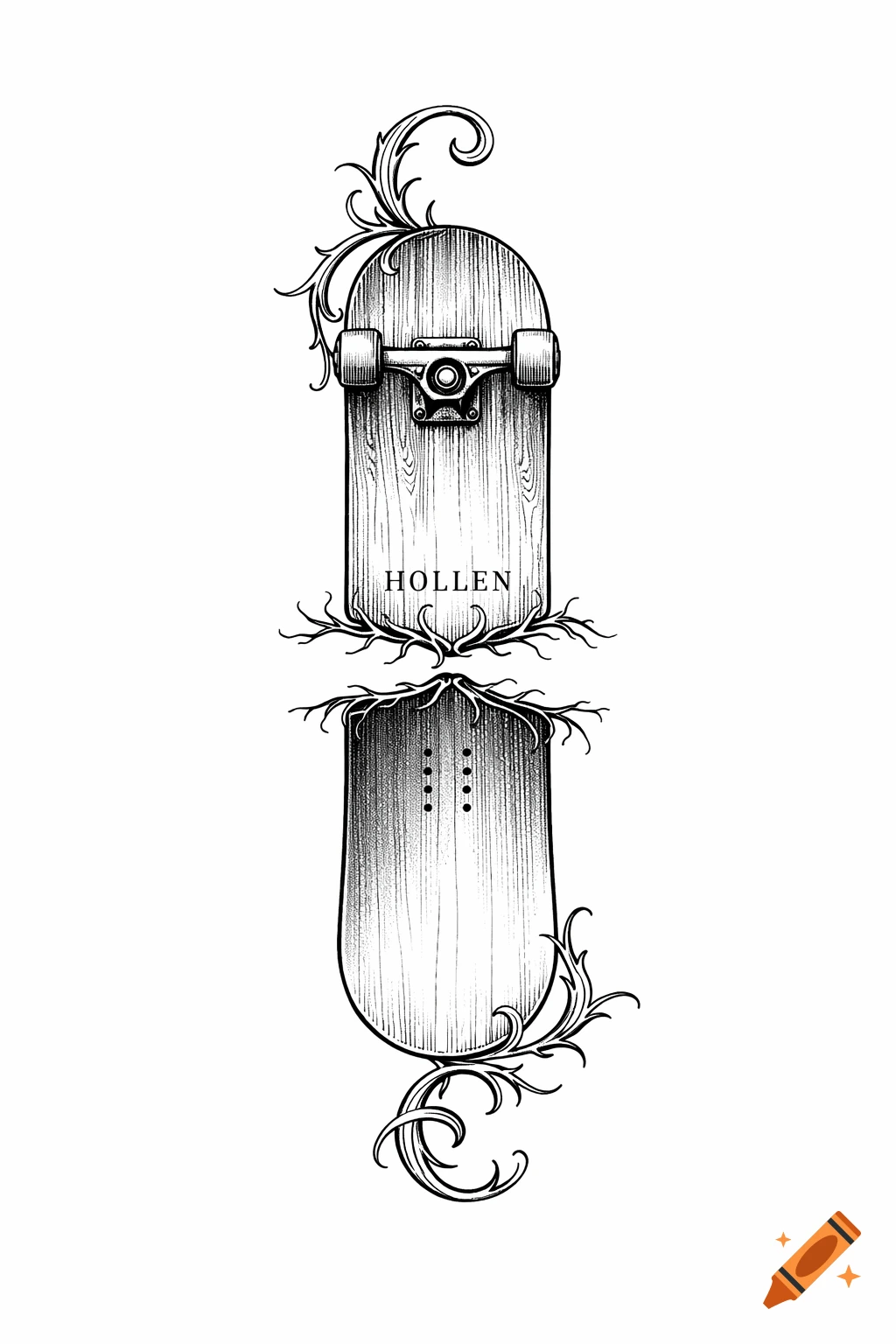 A black ink fineline tattoo design of a vertical skateboard and snowboard hybrid, adorned with organic roots and the word 'HOLLEN'.