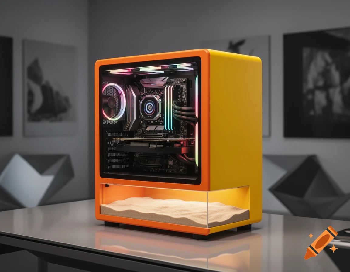 An orange and yellow PC case with RGB-lit components and a sand-filled compartment on a table in a modern room.
