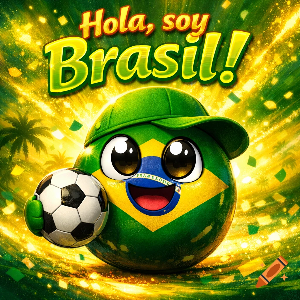 A happy Brazil countryball in a green cap holds a soccer ball against a vibrant green and gold background with text "Hola, soy Brasil!" and palm trees.
