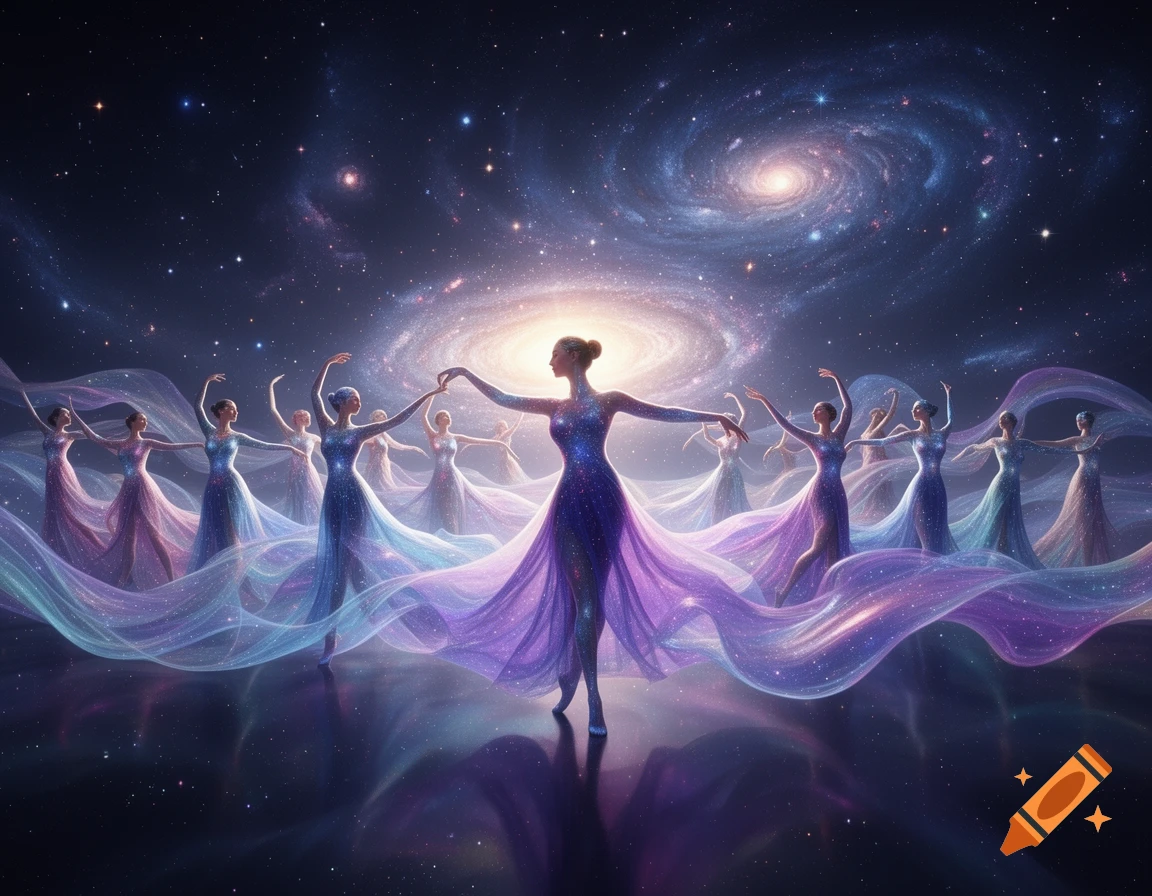 Women in flowing, sparkling dresses dance gracefully against a vibrant cosmic background of galaxies and stars.