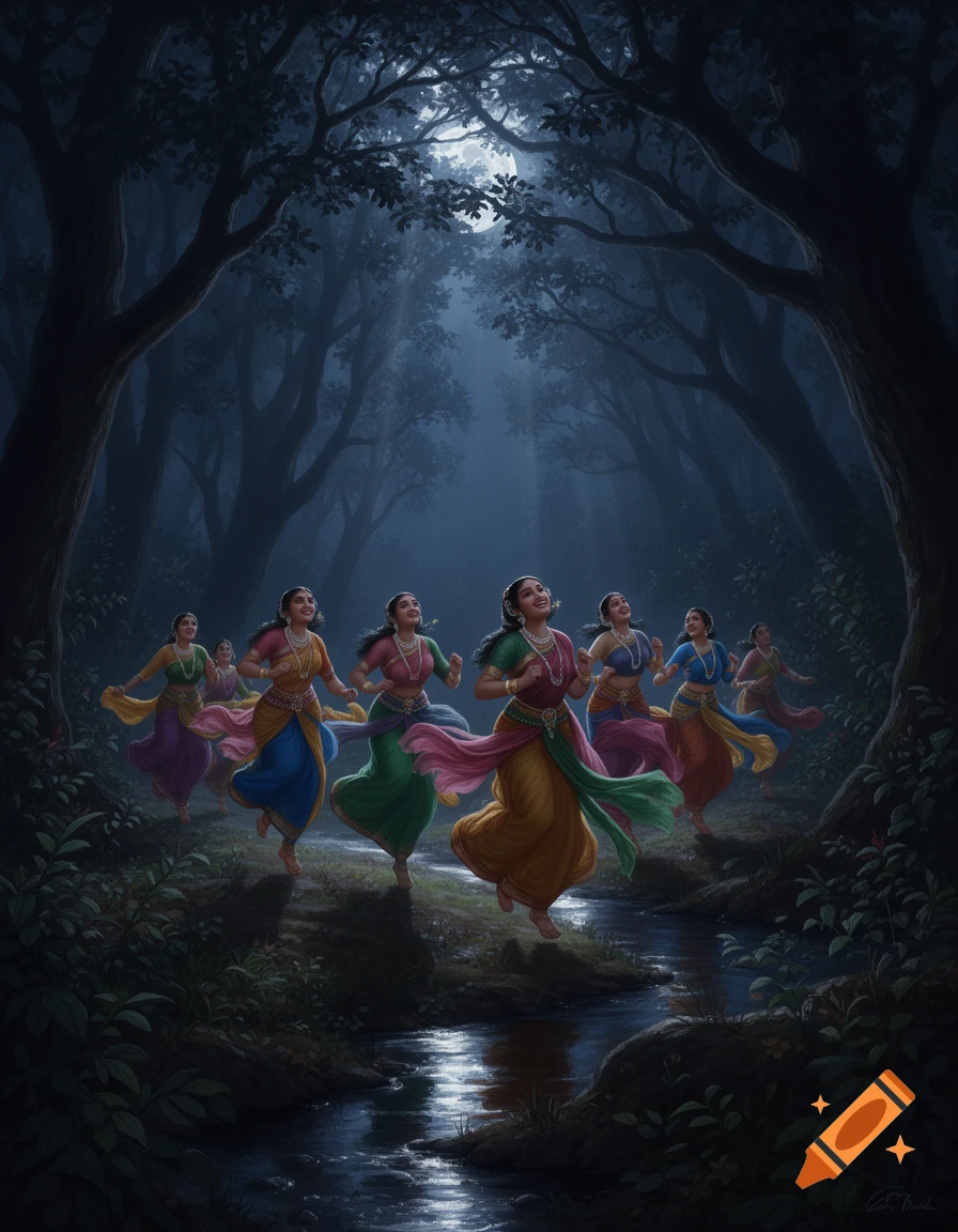 Seven women in vibrant traditional Indian attire run barefoot through a moonlit, dark forest beside a stream, looking up joyfully. Fantasy illustration.