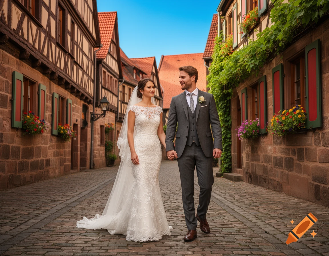 A smiling bride in a white gown and groom in a gray suit hold hands and walk down a cobbled street lined with half-timbered buildings.