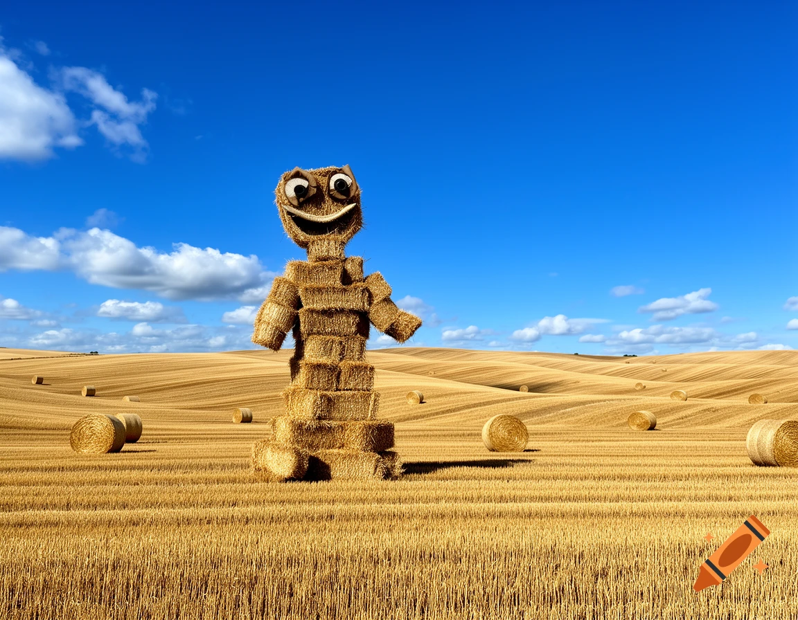 A smiling figure made of stacked hay bales stands in a golden field under a blue sky, with many round hay bales scattered around.