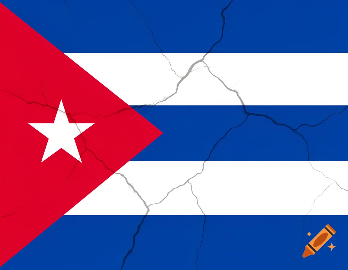 A cracked Cuban flag, with white and blue stripes, and a white star in a red triangle.