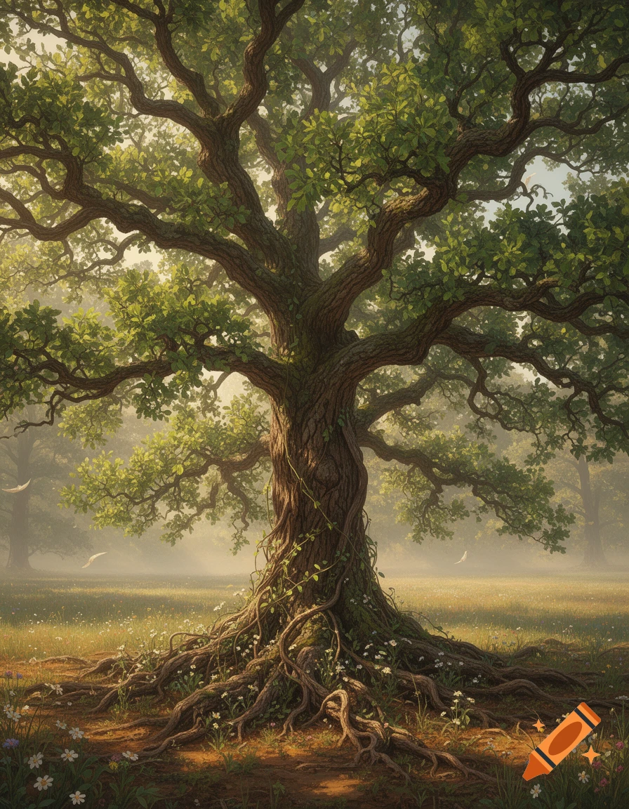 A detailed drawing of a majestic oak tree with sprawling roots in a sun-dappled, grassy field.