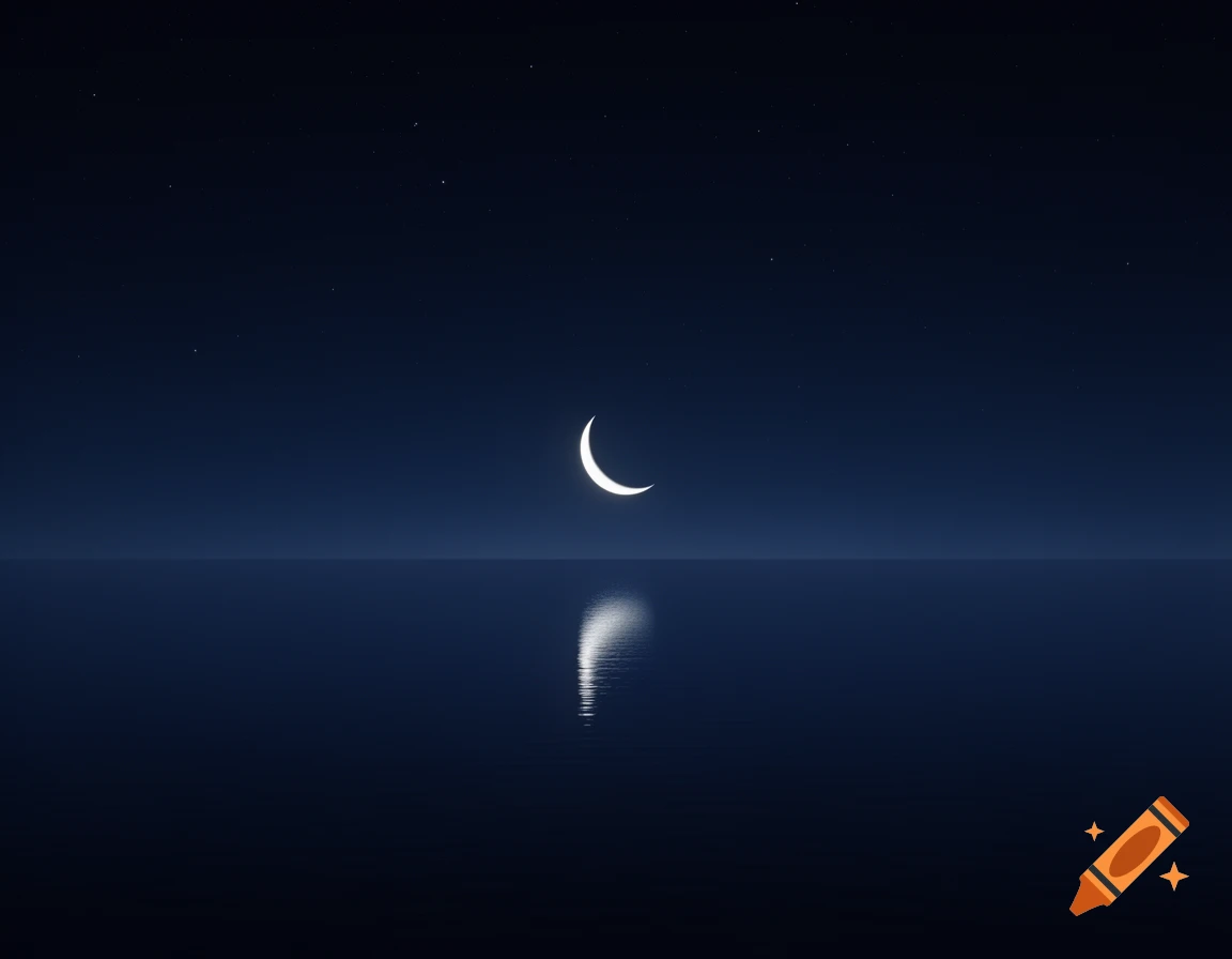 Minimalist night scene with a bright crescent moon reflecting on a calm dark blue lake under a starry sky.