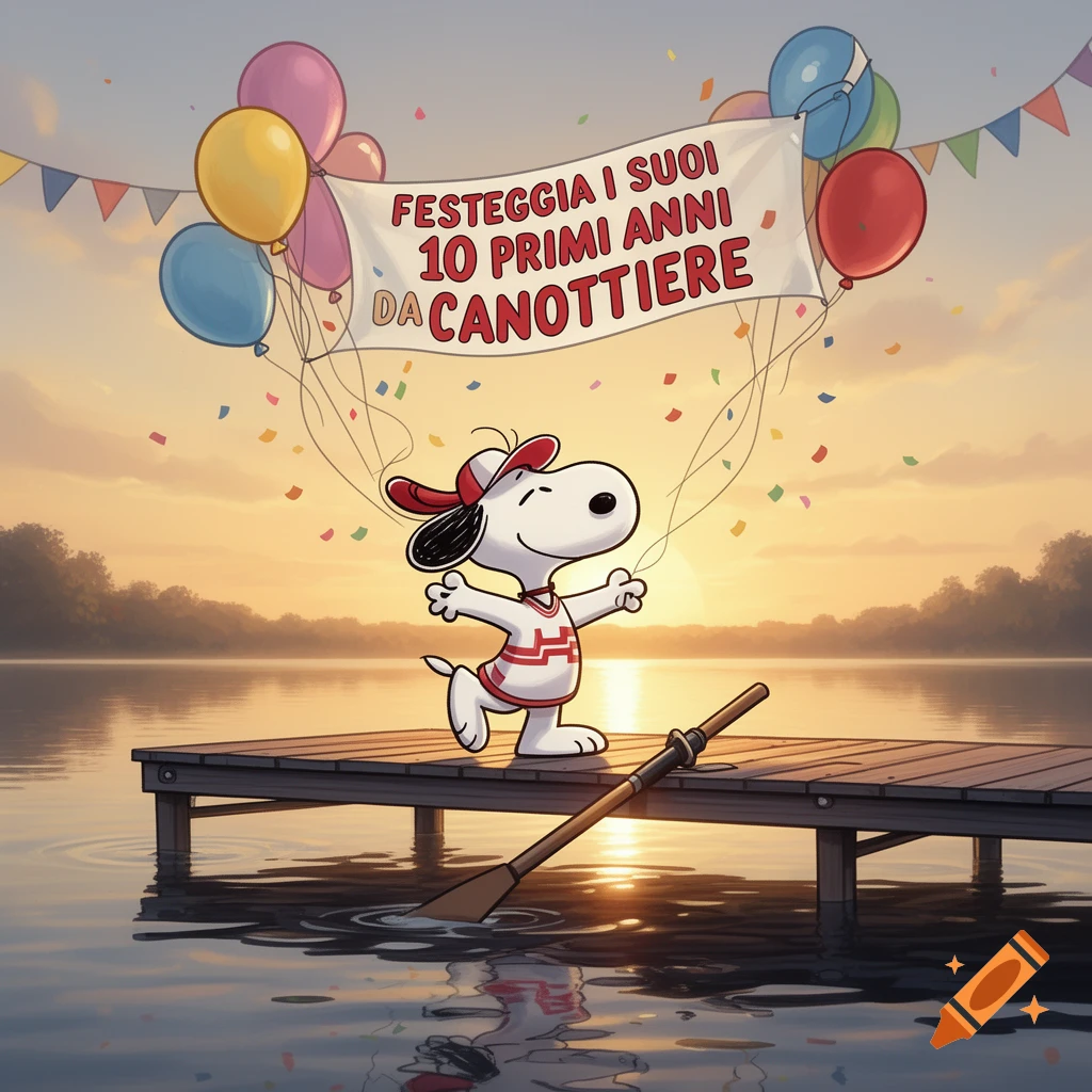 Snoopy celebrates 10 years as a rower, standing on a wooden dock at sunset with colorful balloons, confetti, and an oar in the water.