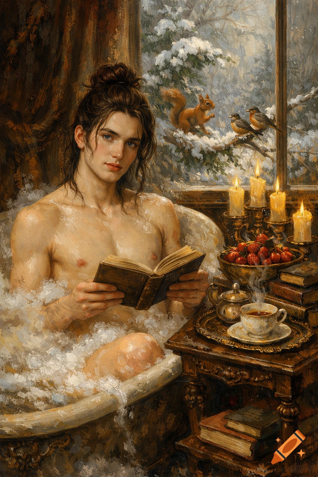 An oil painting of a young man reading a book in a bubble bath, with a snowy garden, squirrel, and birds visible outside a window.