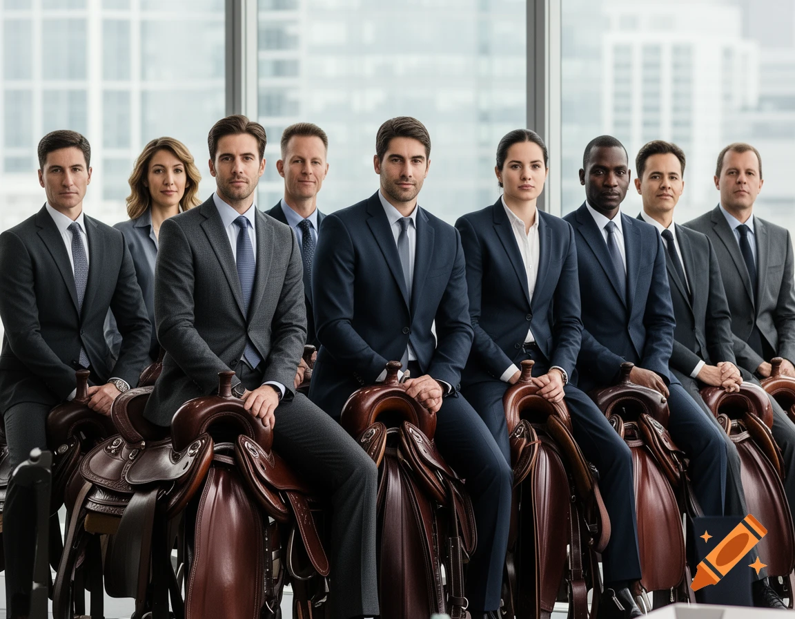 A diverse group of business professionals in suits sit seriously on saddles arranged in a row in a modern office setting.