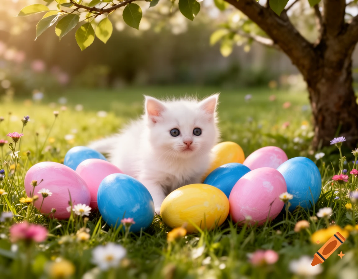 A fluffy white kitten with blue eyes sits amidst colorful pink, blue, and yellow Easter eggs in a sunny grassy field with wildflowers and a tree.