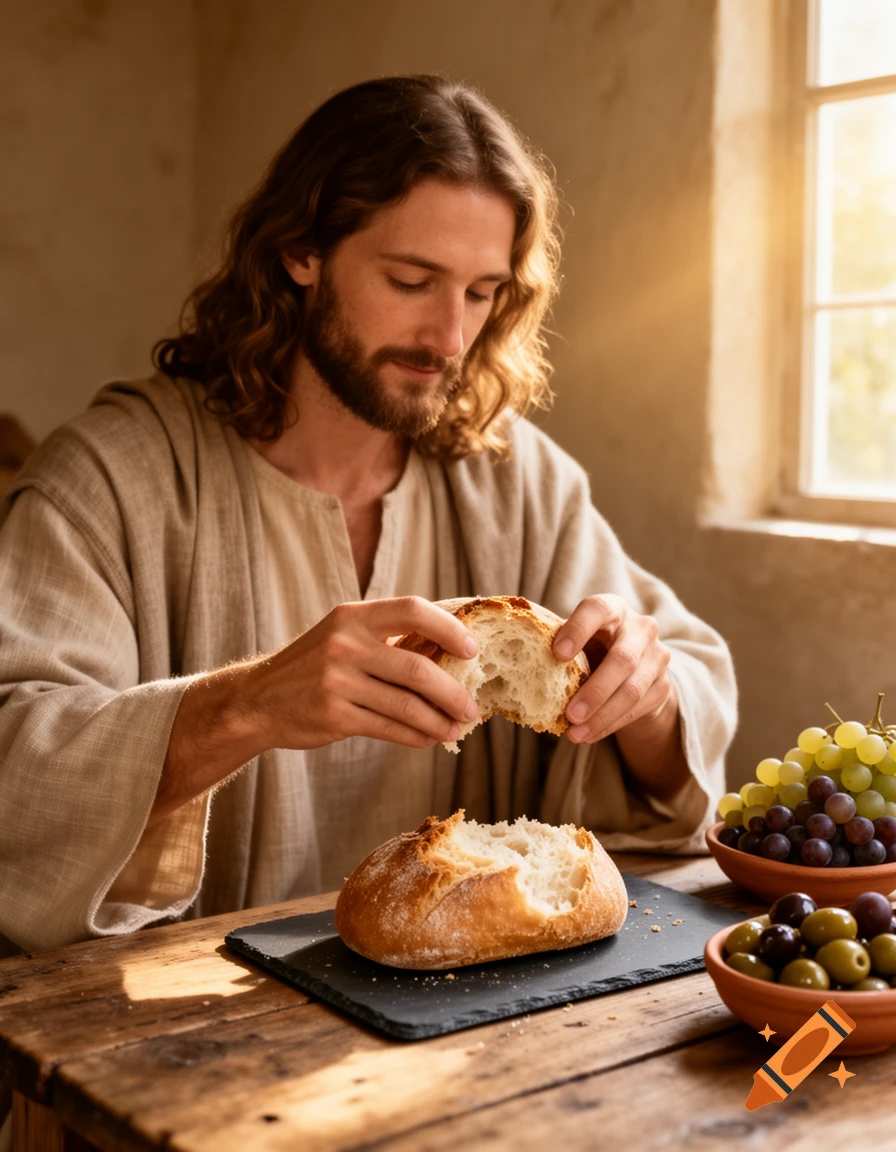 Photorealistic image of a man resembling Jesus breaking bread at a wooden table with grapes and olives, bathed in sunlight.