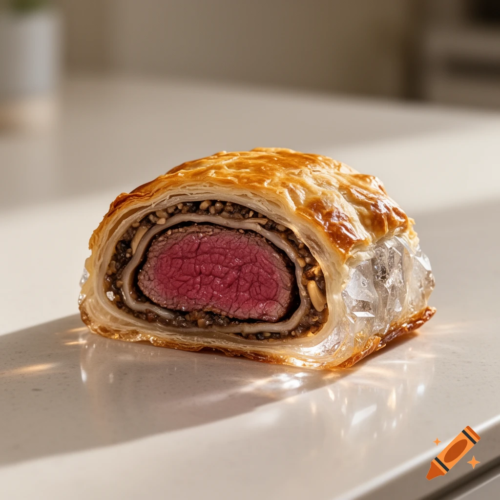 Photorealistic cross-section of a Beef Wellington, half food and half clear crystal, on a white countertop.