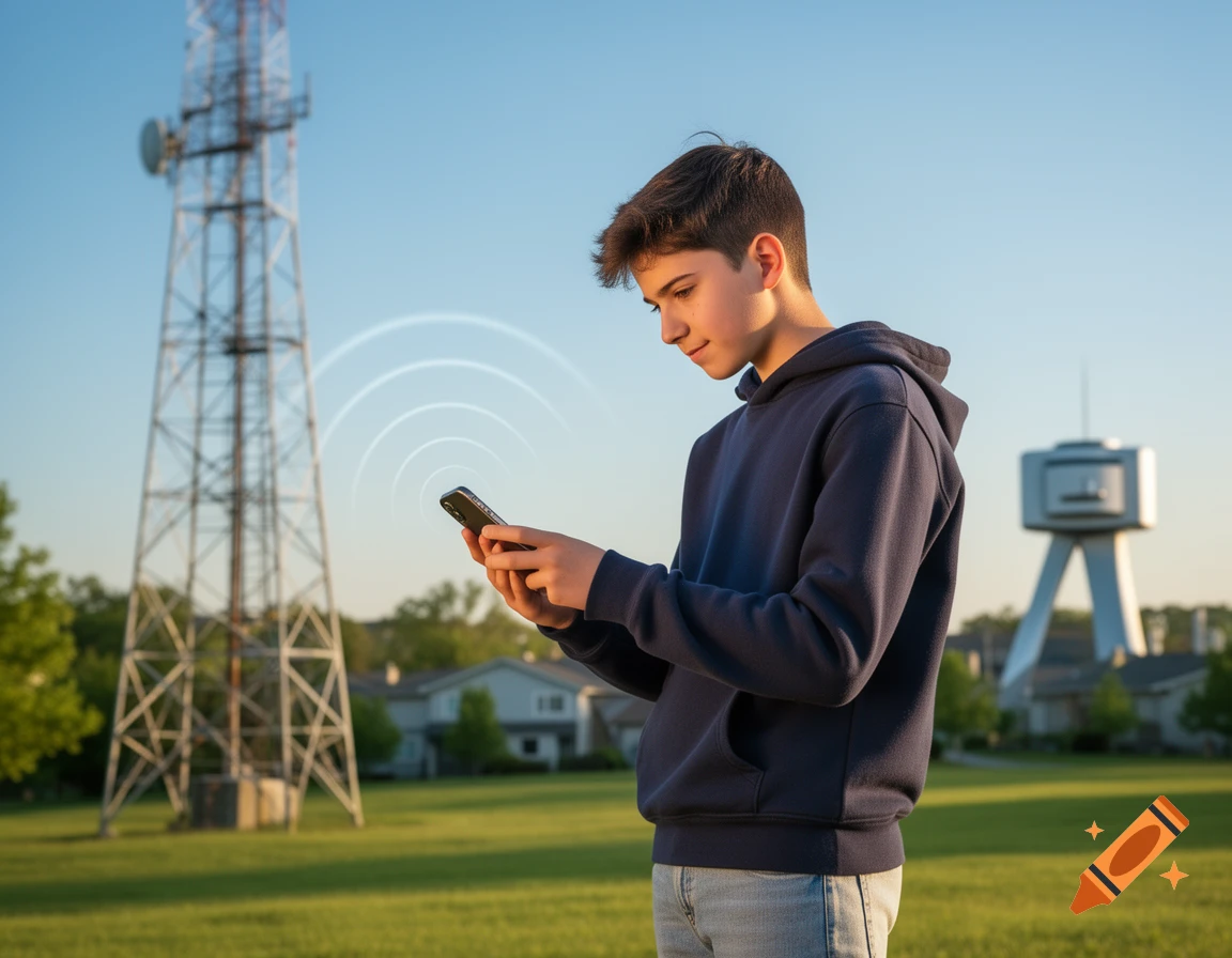 A young male teenager looks at his smartphone, with signal waves emitting. A radio tower and an internet hub are in the background.