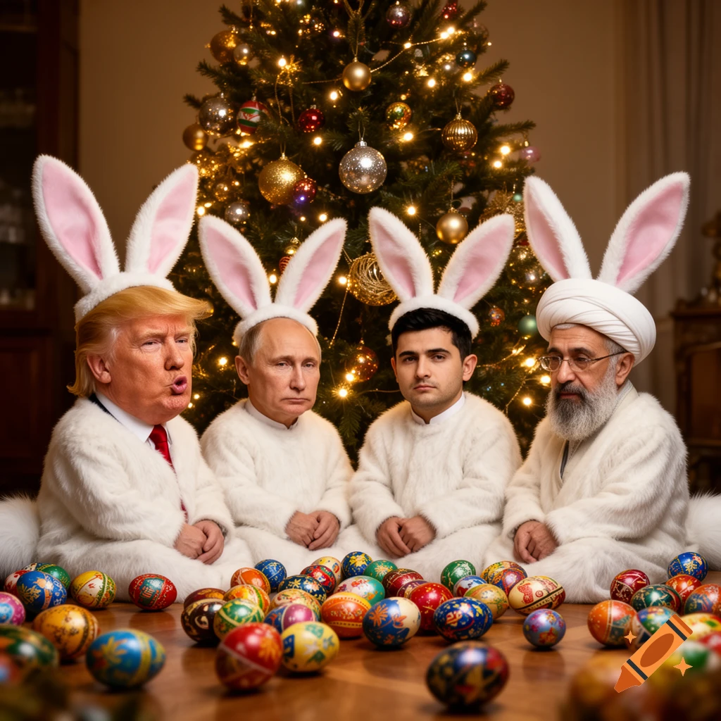Donald Trump, Vladimir Putin, and an Iranian cleric, with a fourth man, dressed as Easter bunnies under a Christmas tree with eggs.