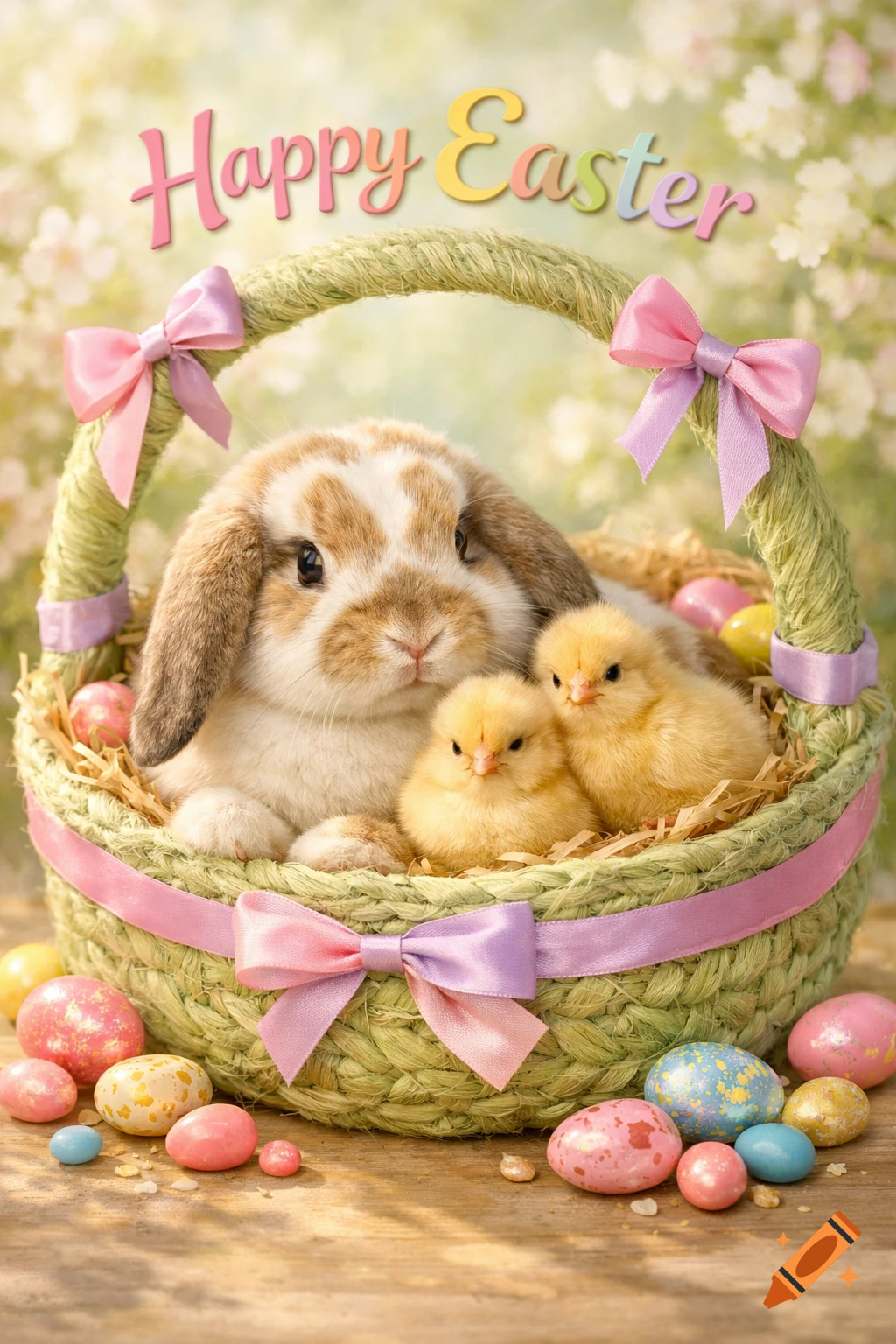 Photorealistic image of a mini lop rabbit and two chicks in an Easter basket with colorful eggs and 'Happy Easter' text.
