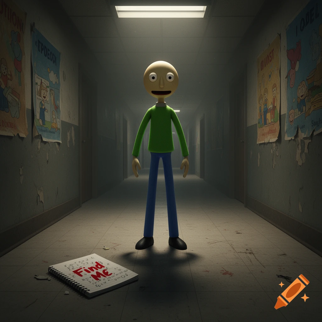 A creepy 3D animated character resembling Baldi stands in a dark, desolate school hallway. A notebook with "FIND ME" written on it lies on the floor, next to stylized red splatters.