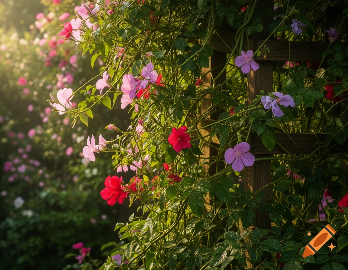 Vibrant pink, red, and purple flowers twining on a wooden trellis, bathed in soft sunlight in a lush garden.