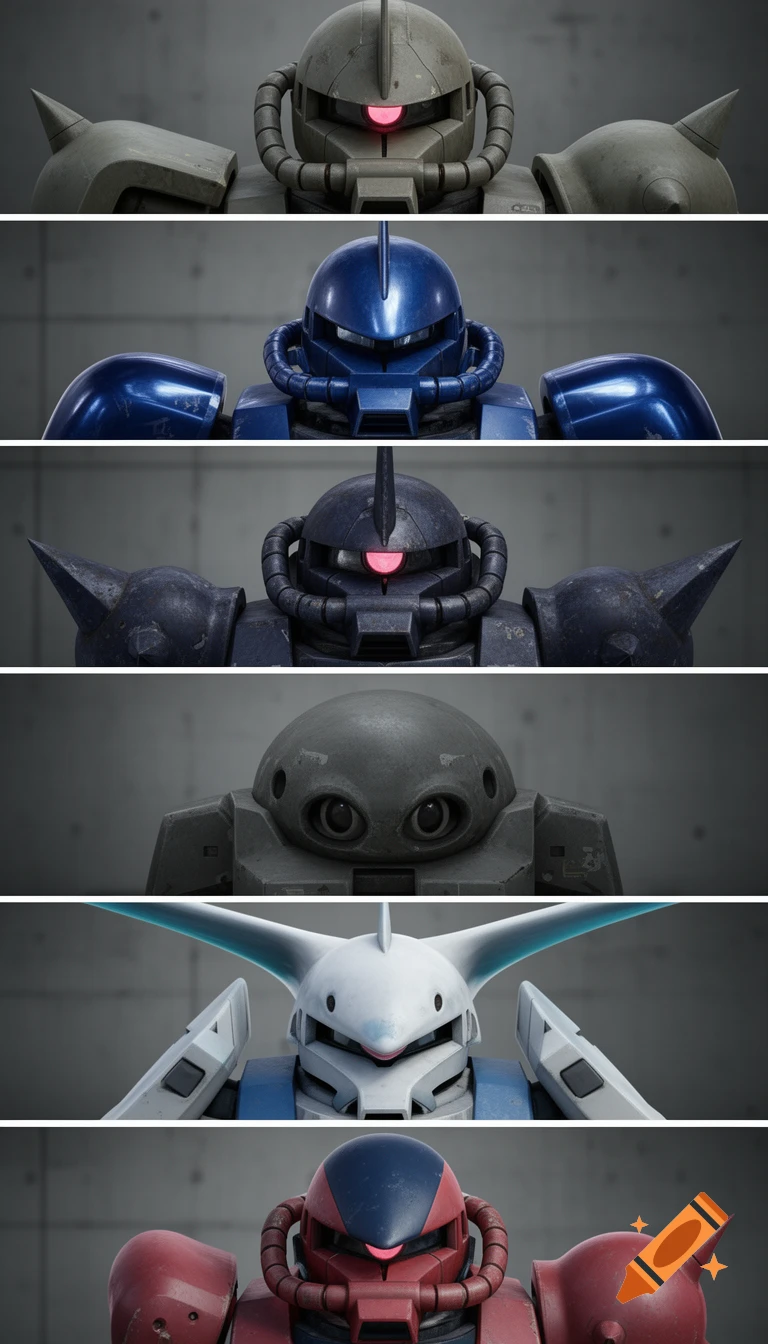 A vertical collage of six detailed, realistic robot heads from various mobile suits, including Zaku 2 and Gouf.