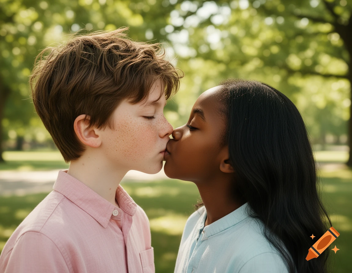 A white boy with brown hair and freckles kisses a black girl with black hair in a sunny park.