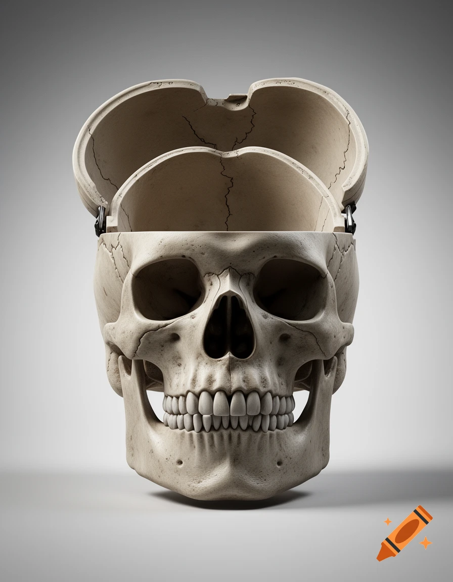 A detailed, photorealistic image of a human skull with its cranium split open into three sections, set against a light grey background.
