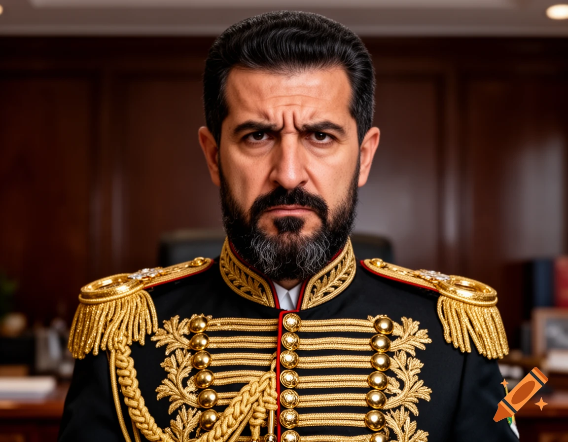 A man with a beard and mustache in an elaborate black and gold military ...