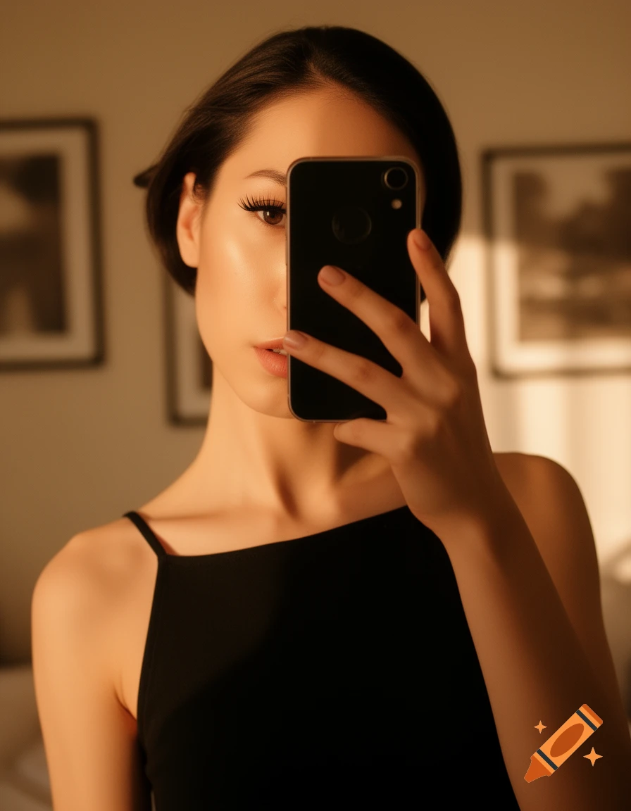Photorealistic selfie of a person in a black top, partially hiding their face with a smartphone, in a softly lit room.
